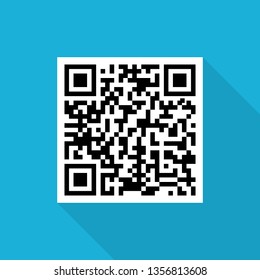 Sample qr code icon with long shadow on blue background, flat design style