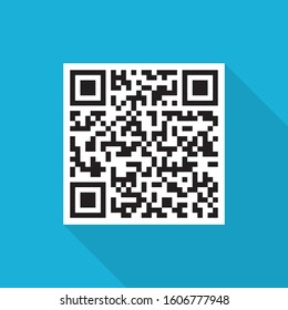 Sample qr icon with long shadow on blue background, flat design style