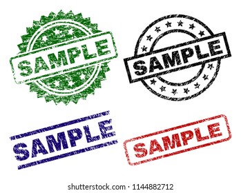SAMPLE seal prints with distress texture. Black, green,red,blue vector rubber prints of SAMPLE caption with corroded texture. Rubber seals with circle, rectangle, rosette shapes.