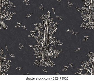 Sample seamless background with decorative trees, leaves and birds. Drawing by hand. For the convenience of editing the image details are separated by layers.