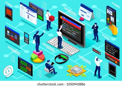 Sample of software company involved in professional projects. Isometric infographic detailed illustration. Vector design.