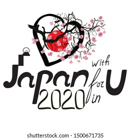 Sample Symbols of the Games in Japan 2020. Flag, blooming cherry, heart