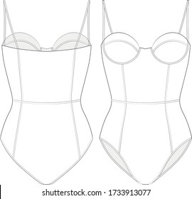 Sample for technical drawing for a sample one-piece swimsuit or bodysuit without a fasteners