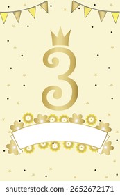 Sample, template, Children's birthday invitation, 3 years, ribbon, text box, number 3, party, crown, gold, stars, flags