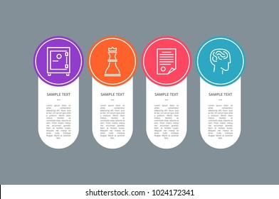 Sample text banner, colorful circle with icons, vector illustration with safe and paper with strategy text, brainstorm activity and chess queen figure