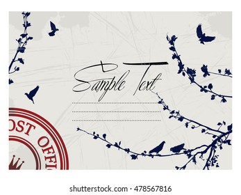 Sample text card design with pigeon and tree silhouettes