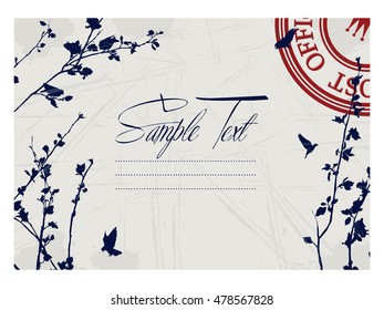Sample text card design with pigeon and tree silhouettes