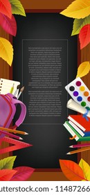 Sample text in wooden frame, leaves, backpack and supplies. Offer or sale advertising design. Typed text, calligraphy. For leaflets, brochures, invitations, posters or banners.