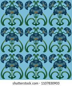 sample of tiles with blue flowers on blue background, style modern. Can be used as a seamless pattern