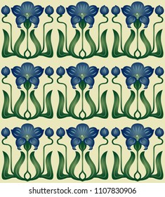 sample of tiles with blue flowers on yellow background, style modern. Can be used as a seamless pattern