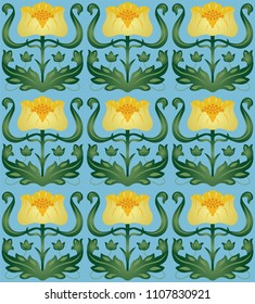 sample of tiles with yellow flowers on a blue background, style modern. Can be used as a seamless pattern