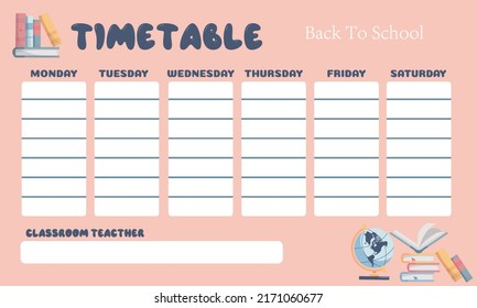Sample timetable for elementary school. Schoolboy weekly planner template.Template for girl.Pink color