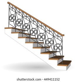 Sample traditional staircase and forged openwork  railing  Ladder 3d icon side view isolated  Vector illustration white background 