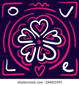 Sample Valentine's Day card with hand drawn elements and letters "L O V E" in the corners.