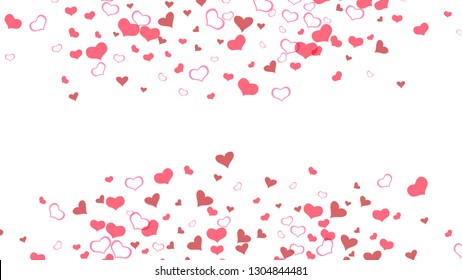 A sample of wallpaper design, textiles, packaging, printing, holiday invitation for wedding. Red on White fond Vector. Happy background. Red hearts of confetti are falling.