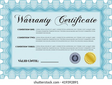 Sample Warranty. Border, frame. Beauty design. With linear background. 