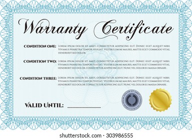 Sample Warranty certificate. Complex frame. Retro design. With sample text. 