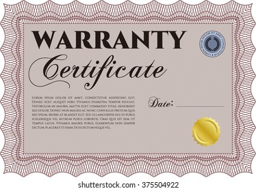 Sample Warranty certificate. Excellent complex design. Vector illustration. With guilloche pattern and background. 