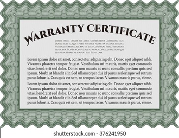 Sample Warranty certificate. Excellent complex design. Vector illustration. With guilloche pattern and background. 