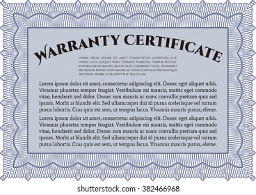 Sample Warranty certificate. Excellent complex design. With guilloche pattern and background. Vector illustration. 