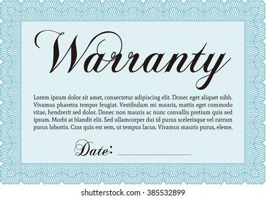 Sample Warranty certificate. Excellent complex design. Vector illustration. With guilloche pattern and background. 