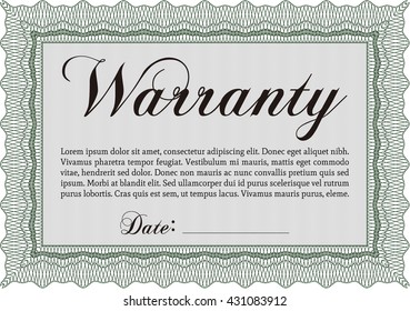 Sample Warranty certificate. Excellent complex design. Vector illustration. With guilloche pattern and background. 