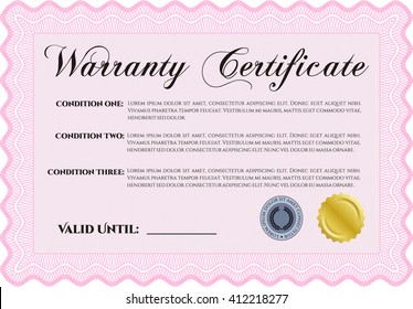 Sample Warranty certificate. With guilloche pattern and background. Excellent complex design. Vector illustration. 