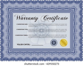 Sample Warranty certificate. With guilloche pattern and background. Excellent complex design. Vector illustration. 
