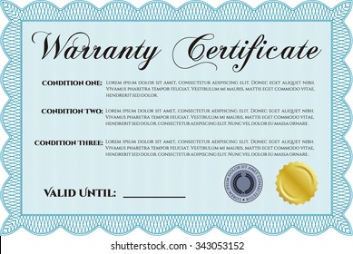 Sample Warranty certificate. Retro design. Complex frame design. It includes background. 