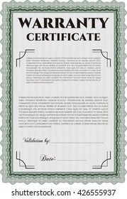 Sample Warranty certificate template. Elegant design. Vector illustration. With guilloche pattern. 