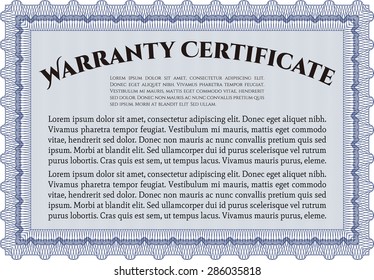 Sample Warranty certificate template. Retro design. With background. Complex border. 