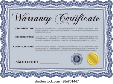 Sample Warranty certificate template. Retro design. Complex frame design. It includes background. 