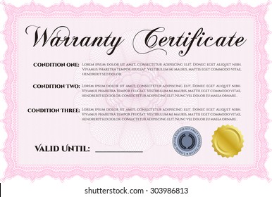 Modelo de certificado de garantía. Con texto de ejemplo. Ilustración vectorial. Marco complejo. 