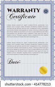 Sample Warranty certificate template. Vector illustration. With guilloche pattern and background. Elegant design. 