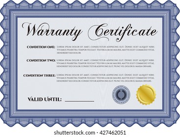 Sample Warranty certificate template. Vector illustration. With guilloche pattern. Elegant design. 