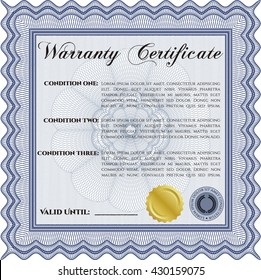 Sample Warranty certificate template. Vector illustration. With guilloche pattern and background. Excellent complex design. 
