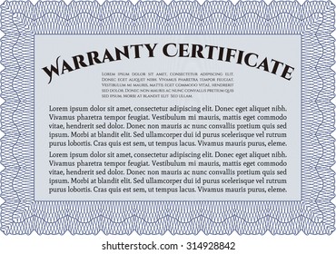 Sample Warranty certificate template. Very Detailed. With sample text. Complex border design. 