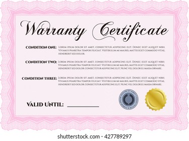 Ejemplo de certificado de garantía. Ilustración vectorial. Excelente diseño complejo. Con un fondo lineal complejo. 
