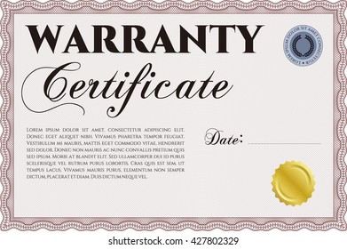 Sample Warranty template. With guilloche pattern. Retro design. 