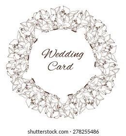 Sample wedding card with hand drawn flowers of skunk cabbage, composed in circles with sample text. Lined hand drawn flowers.