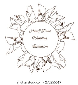 Sample wedding card with hand drawn flowers of skunk cabbage, composed in circles with sample text. Lined hand drawn flowers.