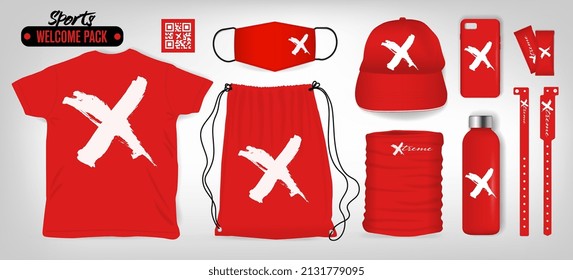 Muestra un paquete de bienvenida con regalos corporativos.
Camiseta, Bag pack, lanyard, brazalete, gorra, tarjeta, botella de bebida, barra de energía, cubierta móvil, notebook. Ilustración vectorial, color editable 