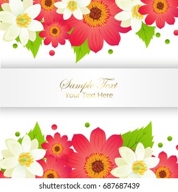 Sample yext here appy holidays greeting card with shiny frame and flowers set. Vector illustration of festival decorated paper for congratulating.