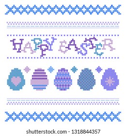 Samples of borders for cross stitching. Suitable for the design of napkins, pillowcases, towels. Easter theme.  Needlework, handicraft. Vector.