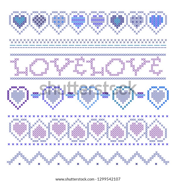 Samples of borders for cross stitching. Suitable\
for the design of napkins, pillowcases, towels. Love theme.\
Needlework, handicraft.\
Vector.