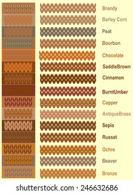 Samples of knitted yarns and warm palette of colors with names