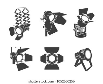 Samples of lighting equipment, set of searchlights on a white background.