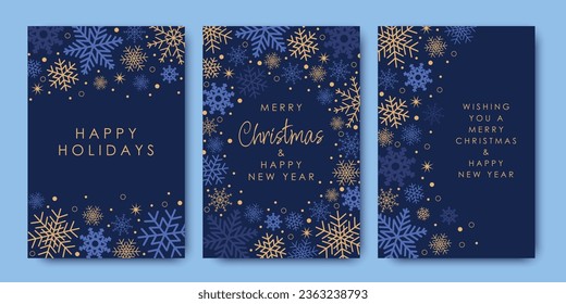 Samples of modern decorative art. Merry Christmas and New Year cards and invitations to corporate events. Blue and gold snowflakes and a Christmas star on a blue background. Winter vector illustration