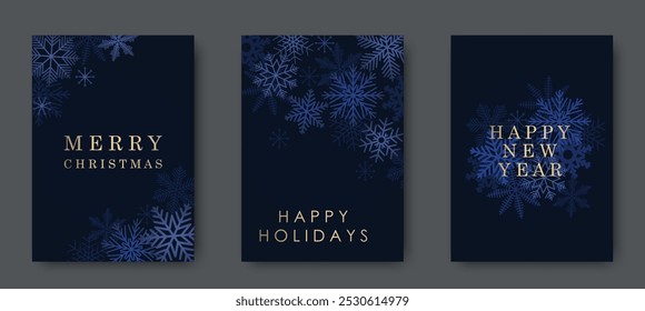 Muestras de arte decorativo moderno. Navidades alegres y tarjetas de Año Nuevo e invitaciones a eventos corporativos. Copos de nieve sobre un fondo azul. Ilustración vectorial de invierno