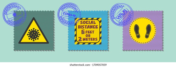 Muster quadratischer Briefmarken. Zeichen des Virus, soziale Entfernung von 6 Fuß oder 2 Meter und Fußspuren. Violette Robben mit der Aufschrift COVID-19
